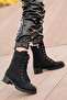 Women's Daily Black Zippered Laced Matte Faux Leather Short Heeled Water Resistant Medium Size Boots - 2