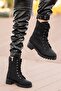 Women's Daily Black Zippered Laced Matte Faux Leather Short Heeled Water Resistant Medium Size Boots - 3