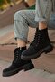 Women's Black Matte Faux Leather Stylish Flat Boots Serrated Thick Sole Short Heel Lace Up Zippered Boots - 4