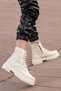 Women's Nude Beige Sports Stylish Durable Faux Leather Boots Serrated Thick Sole Lace Up Zippered Boots - 4