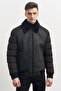Men's Black Standard Fit Normal Cut Furry Stand Collar Coat