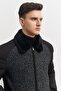 Men's Black Standard Fit Normal Cut Furry Stand Collar Coat - 3