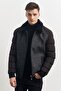 Men's Black Standard Fit Normal Cut Furry Stand Collar Coat - 6