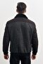 Men's Black Standard Fit Normal Cut Furry Stand Collar Coat - 8