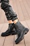 Women's Black Shiny Faux Leather Sturdy Boots Non-Slip Thick Sole Short Heel Lace-up Zippered Boots - 3