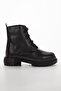Women's Black Shiny Faux Leather Sturdy Boots Non-Slip Thick Sole Short Heel Lace-up Zippered Boots - 5