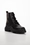 Women's Black Shiny Faux Leather Sturdy Boots Non-Slip Thick Sole Short Heel Lace-up Zippered Boots - 6