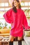 Women's Fuchsia Crew Neck Balloon Sleeve Soft Textured Knitwear Tunic Dress ELB-19001802