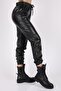 Black Shiny Leather Elastic Fleece Trousers - 5
