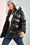 Women's Hooded Fur Puffer Leather Coat - 2