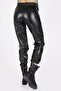Black Shiny Leather Elastic Fleece Trousers - 3