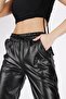 Black Shiny Leather Elastic Fleece Trousers - 6