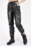 Black Shiny Leather Elastic Fleece Trousers - 4