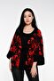 Front- Tie-Detail and buttoned red and black kimono with wide sleeves and large floral print. - 4