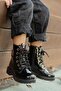 Girl's Black Shiny Leather Lace-up Zippered High-Top Boots Thick Sole Comfortable Winter Shoes - 3