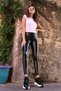 Women's Black Light Shiny Lycra Faux Leather High Waist Gathering Tights with Ribbon Inside