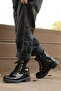 Girl's Black Shiny Leather Lace-up Zippered High-Top Boots Thick Sole Comfortable Winter Shoes