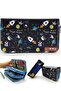 Pencil Case Astronaut Space Galaxy Kawai Organizer Pencil Case Vegan Leather Three Compartment Pen Holder - blue