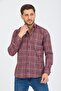 Men's Burgundy Long Sleeve Checkered Pocket Collar Buttoned Shirt