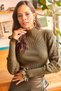 Women's Khaki Sleeve Detailed Stand Collar Ribbed Knit Sweater KZK-19000383