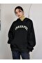Women's Black Cheerful Printed Oversize Hooded Sweatshirt