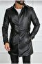 Fit Long Leather Trench Coat with Waist Belt - 2