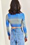 Women's Blue Waist Cross-Tie Multi-Patterned Blouse 40101048 - 3