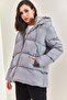 Women's Gray Hooded Lace-Up Long Puffer Coat 30301009 - 3