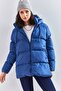 Women's Navy Blue Hooded Lace-Up Long Puffer Coat 30301009 - 3