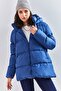 Women's Navy Blue Hooded Lace-Up Long Puffer Coat 30301009 - 4
