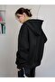 Women's Black Cheerful Printed Oversize Hooded Sweatshirt - 2