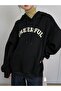 Women's Black Cheerful Printed Oversize Hooded Sweatshirt - 3