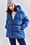Women's Navy Blue Hooded Lace-Up Long Puffer Coat 30301009 - 7