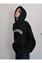 Women's Black Cheerful Printed Oversize Hooded Sweatshirt - 5