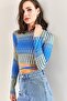 Women's Blue Waist Cross-Tie Multi-Patterned Blouse 40101048 - 5