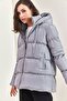 Women's Gray Hooded Lace-Up Long Puffer Coat 30301009