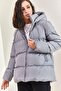 Women's Gray Hooded Lace-Up Long Puffer Coat 30301009 - 5