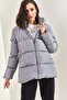 Women's Gray Hooded Lace-Up Long Puffer Coat 30301009 - 7