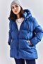 Women's Navy Blue Hooded Lace-Up Long Puffer Coat 30301009