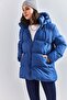 Women's Navy Blue Hooded Lace-Up Long Puffer Coat 30301009 - 2