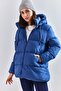 Women's Navy Blue Hooded Lace-Up Long Puffer Coat 30301009 - 6