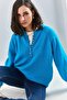 Women's Turquoise Collared Knitted Turtleneck Striped Sweater 20223207 - 2