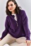 Women's Purple Collared Knitted Sweater with Hole Detail and Stripes 20223207 - 3