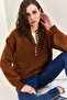 Women's Brown Collared Knitted Turtleneck Striped Sweater 20223207 - 2