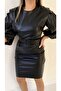 Balloon Sleeve Belted Leather Dress Black - 4