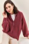 Women's Dusty Rose Collared Knitted Turtleneck Striped Sweater 20223207 - 2
