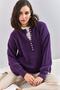 Women's Purple Collared Knitted Sweater with Hole Detail and Stripes 20223207 - 2