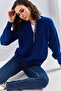 Women's Navy Blue Collared Knitted Sweater with Hole Detail at the Neckline and Stripes 20223207 - 6