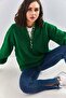 Women's Grass Green Collared Knitted Turtleneck Striped Sweater 20223207 - 4