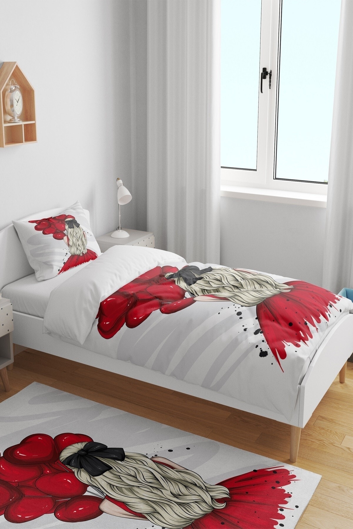 Red Balloon Girl Patterned Single Baby Kids Bedding Set - 2